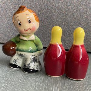 Rare Vintage Salt & Pepper Shakers, Boy w/Bowling Ball & Pins. Made in Japan